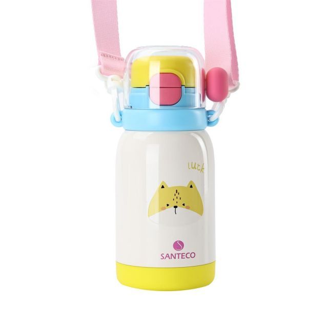 SANTECO 水筒 子供用 3WAY ストロー付き 500ml コップ飲み 真空断熱 直飲 魔法瓶 広口 316ステンレススチール スポーツドリンク対応 炭酸対応 スポーツボトル キッズ (猫)