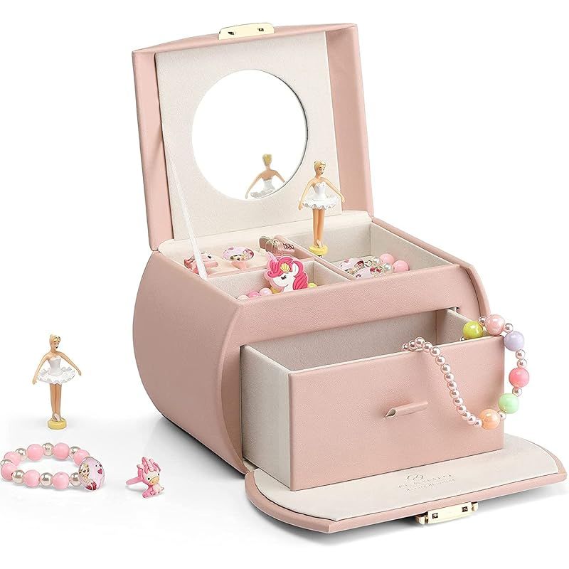 【新品】 Vlando 半円形 ジュエリーボックス オルゴール 子供 キッズ ジュエリー収納ボックス レザー ブレスレット ネックレス リング 収納 オーガナイザー 娘への最高の誕生日 プレゼント 三歳以上 ピンク 0