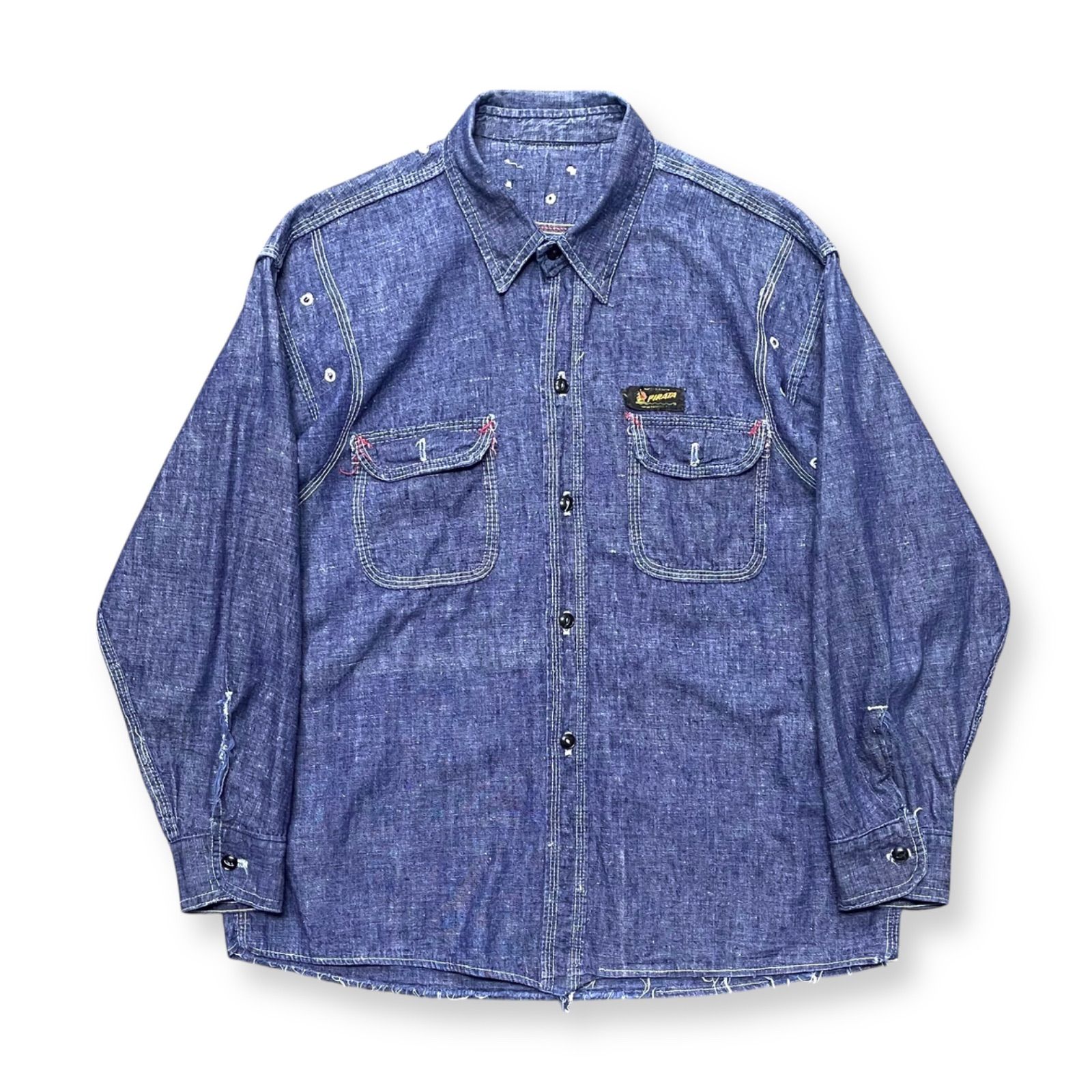 20s スペシャル　ビンテージ　シャンブレーシャツ　チンスト　メタルボタン Rare!! 1940~50's Mexican Vintage Chambray Shirt with Ventilation