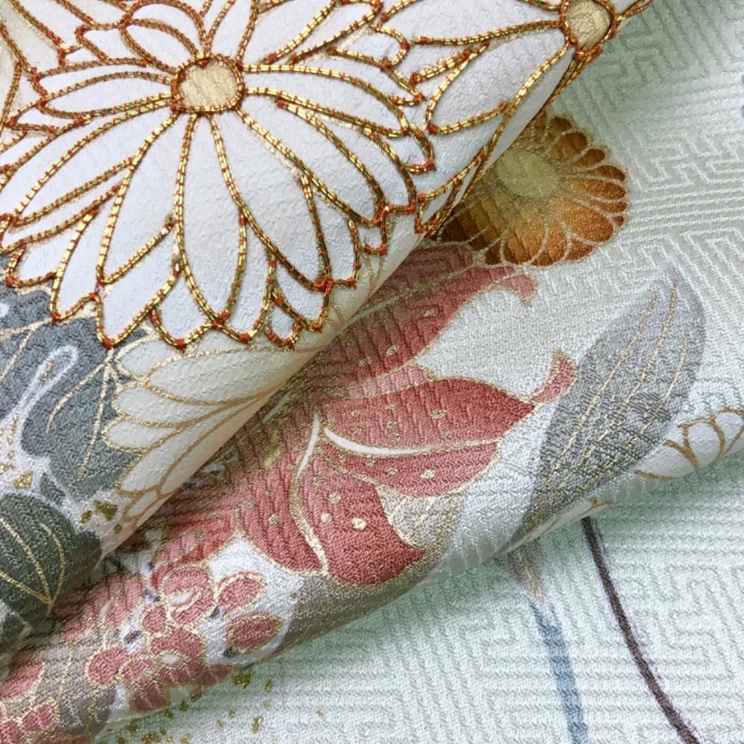 訪問着 美しい花模様 芒 金駒刺繍 金彩 硫黄色 K-5833 - メルカリ