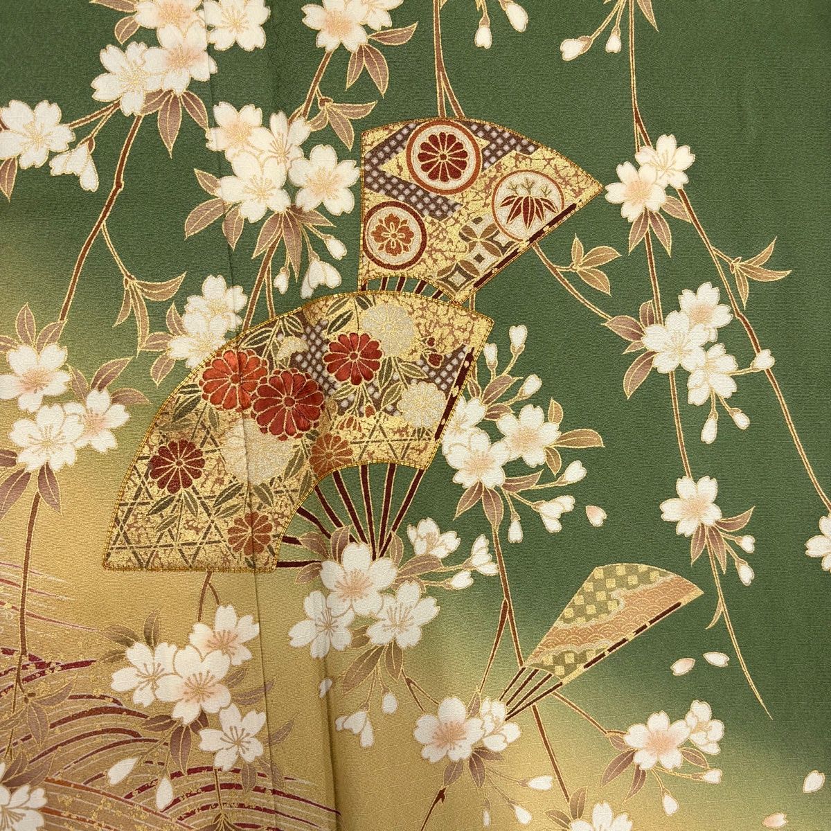 振袖 身丈161.5cm 裄丈66cm M 袷 花丸文 桜 銀通し 金彩 茶緑色 正絹 