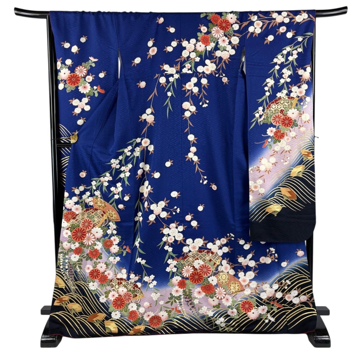 振袖 名品 御所車 草花 金糸 金彩 紺色 袷 169cm 69cm L 正絹 【中古 