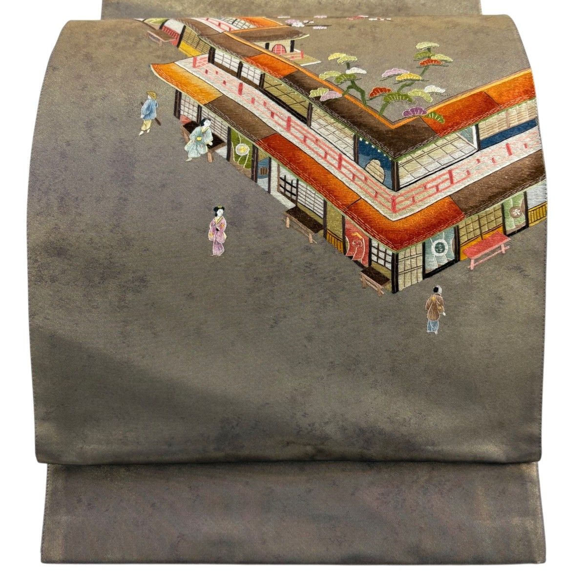 美品】 袋帯 秀品 風景 人物 刺繍 金糸 金茶 お太鼓柄 正絹 【中古 