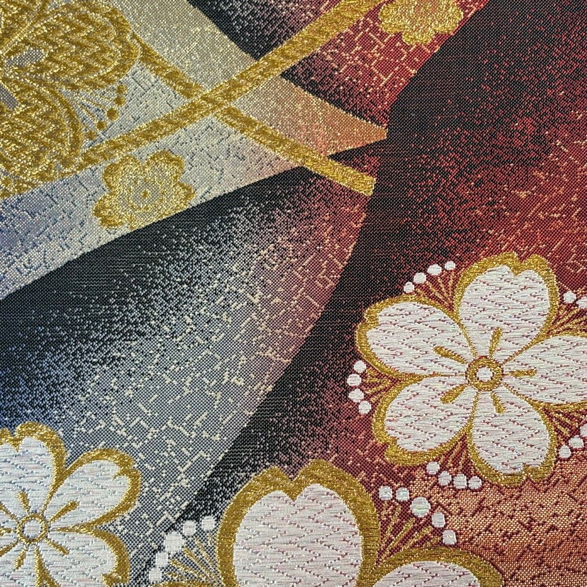 袋帯 秀品 振袖向き 桜 幾何学 金糸 ラメ 青紫 六通 正絹 【中古