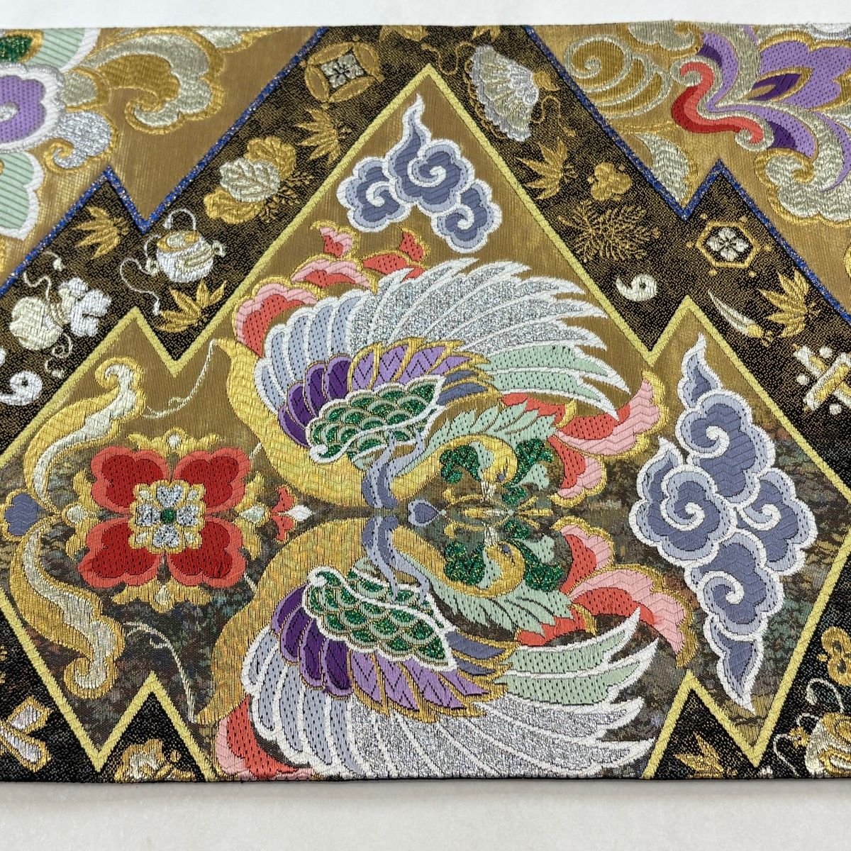 袋帯 六通 秀品 箔 美品 金銀糸 正絹 中古 草花 若松 緑 正絹｜中古 