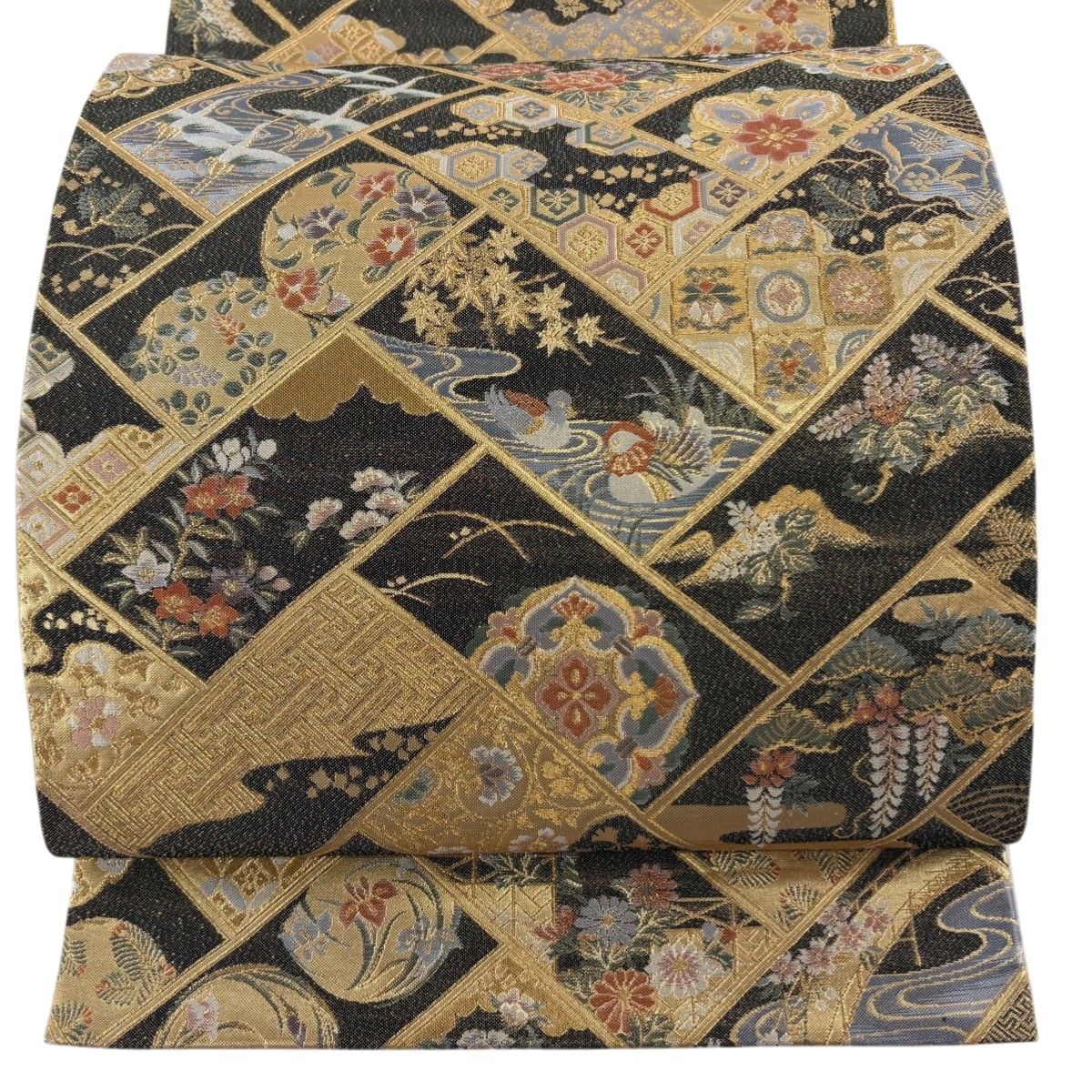 O-2826 袋帯 本金延喜箔 福寿七宝華文 美しい華柄模様 美品 袋帯 秀品 