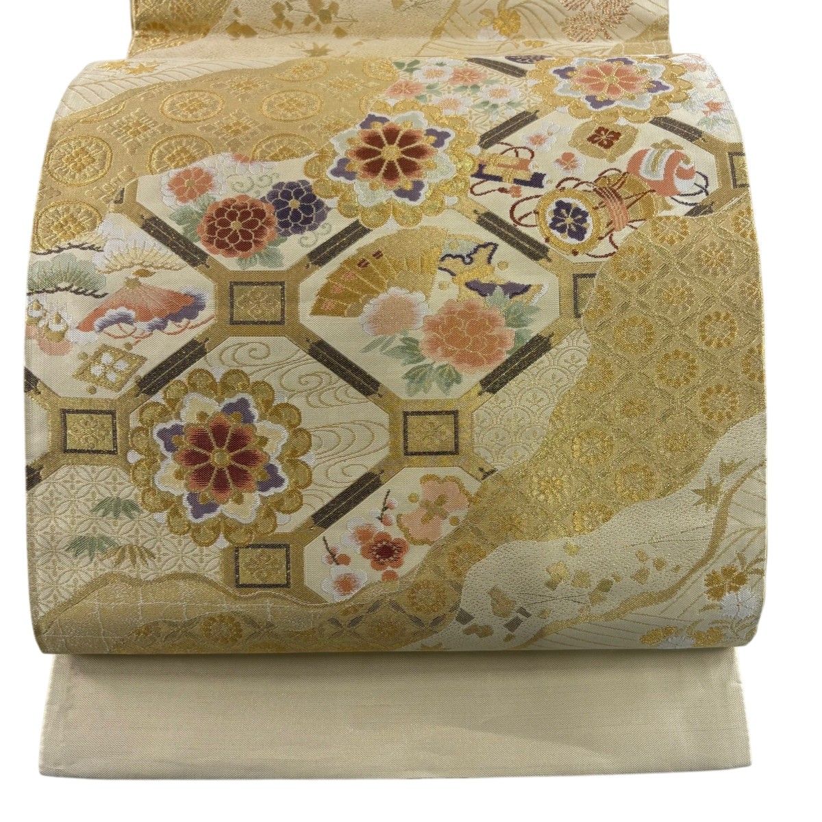 美品】 袋帯 秀品 華文 蜀江文 金糸 箔 ベージュ 六通 正絹 【中古