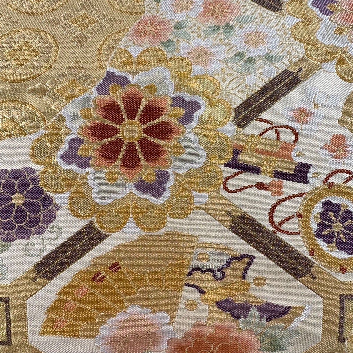 美品】 袋帯 秀品 華文 蜀江文 金糸 箔 ベージュ 六通 正絹 【中古