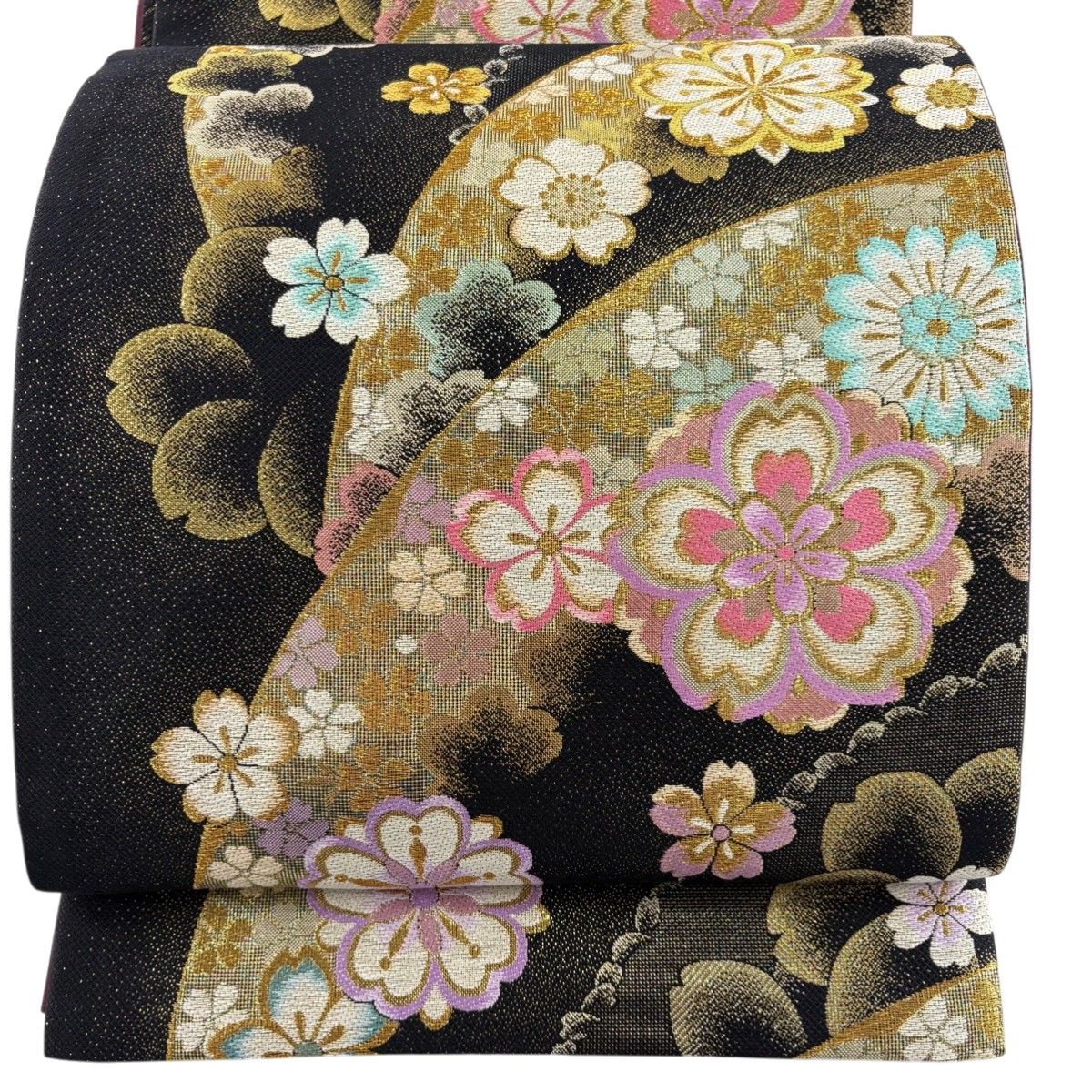 夏目　No.2521 正絹桜の花びら市松箔袋帯　美品 美品】 袋帯 秀品 桜 花びら 金糸 箔 黒 六通 正絹 【中古】 - メルカリ