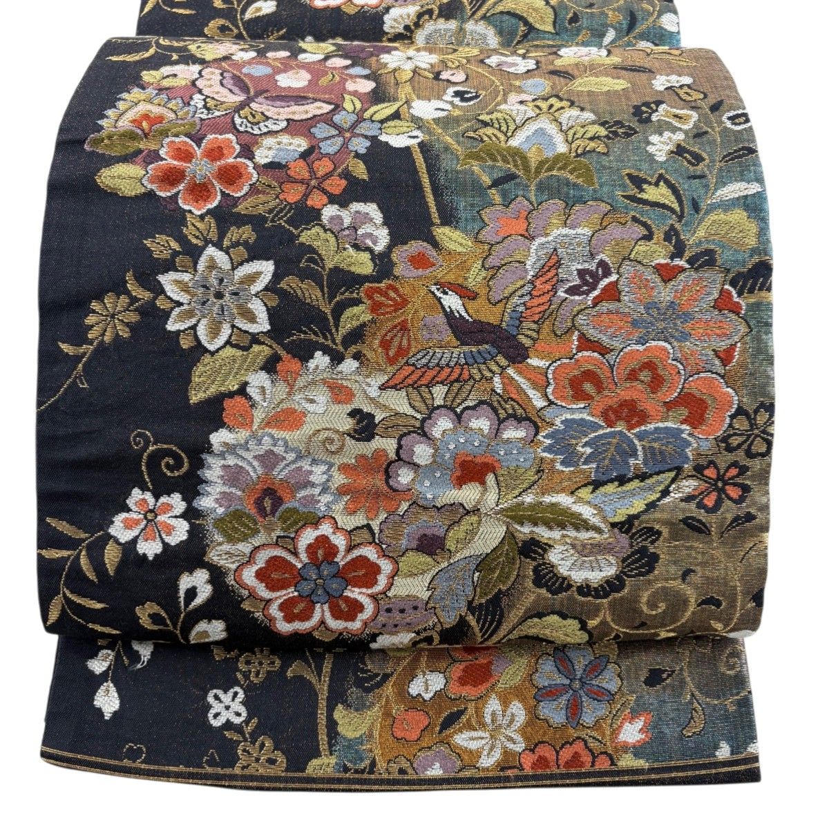 袋帯 秀品 唐華花鳥文 金銀糸 刺繍 黒 六通 正絹 【中古 袋帯 秀品 唐華花鳥文 金銀糸 刺繍 黒 六通 正絹 【中古