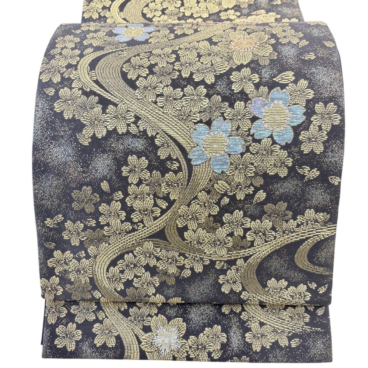 美品】 袋帯 名品 桜 流水 箔 金銀糸 墨色 お太鼓柄 正絹 【中古 美品】 袋帯 名品 桜 流水 箔 金銀糸 墨色 お太鼓柄 正絹 【中古