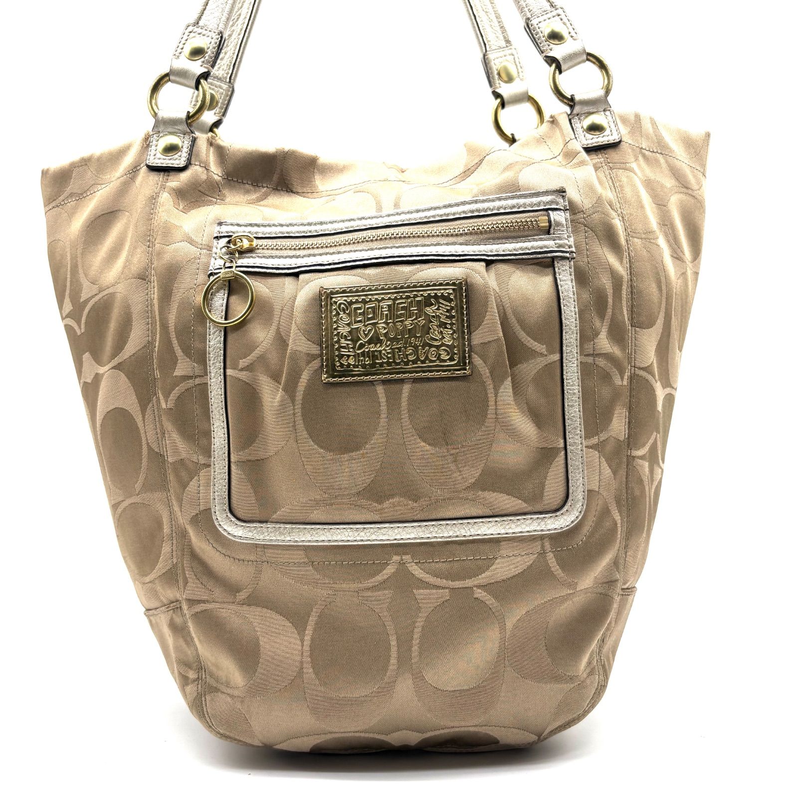 美品 コーチ ポピー シグネチャー ハンドバッグ y2k ベージュ 1077 COACH y2k poppy signature totebag コーチ ポピー シグネチャー柄