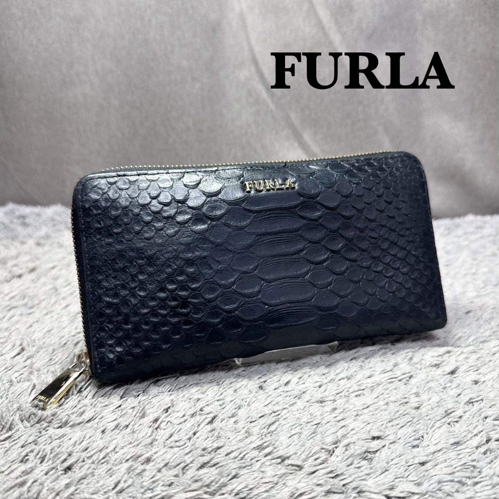FURLA フルラ クロコ型押し レザー 長財布 ブラック ラウンド 