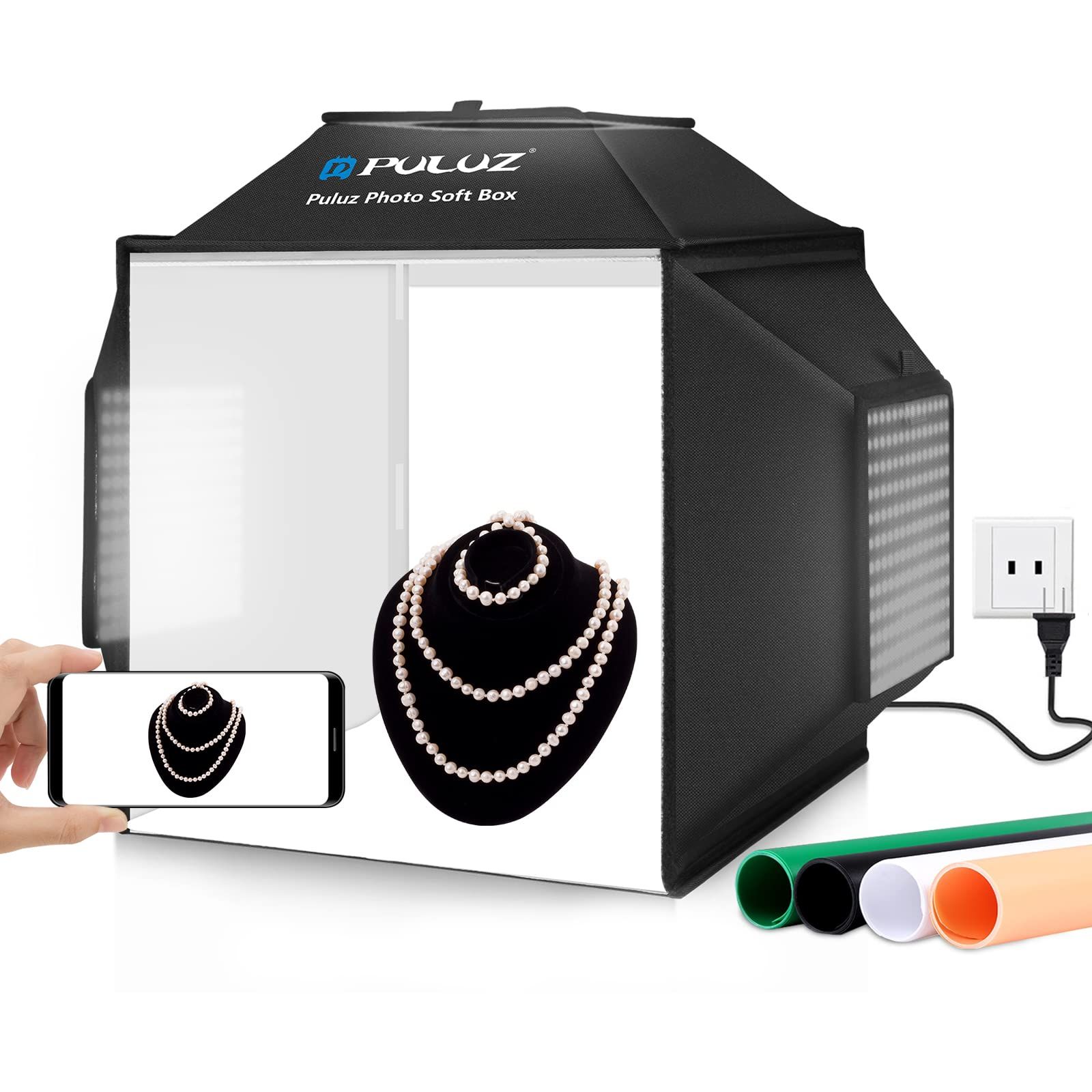 新品 PULUZ フォトスタジオソフトボックス 16x16インチ ポータブルライトボックス 写真撮影用テントキット 高CRI 480LEDライト&4色の背景幕付き 製品写真用
