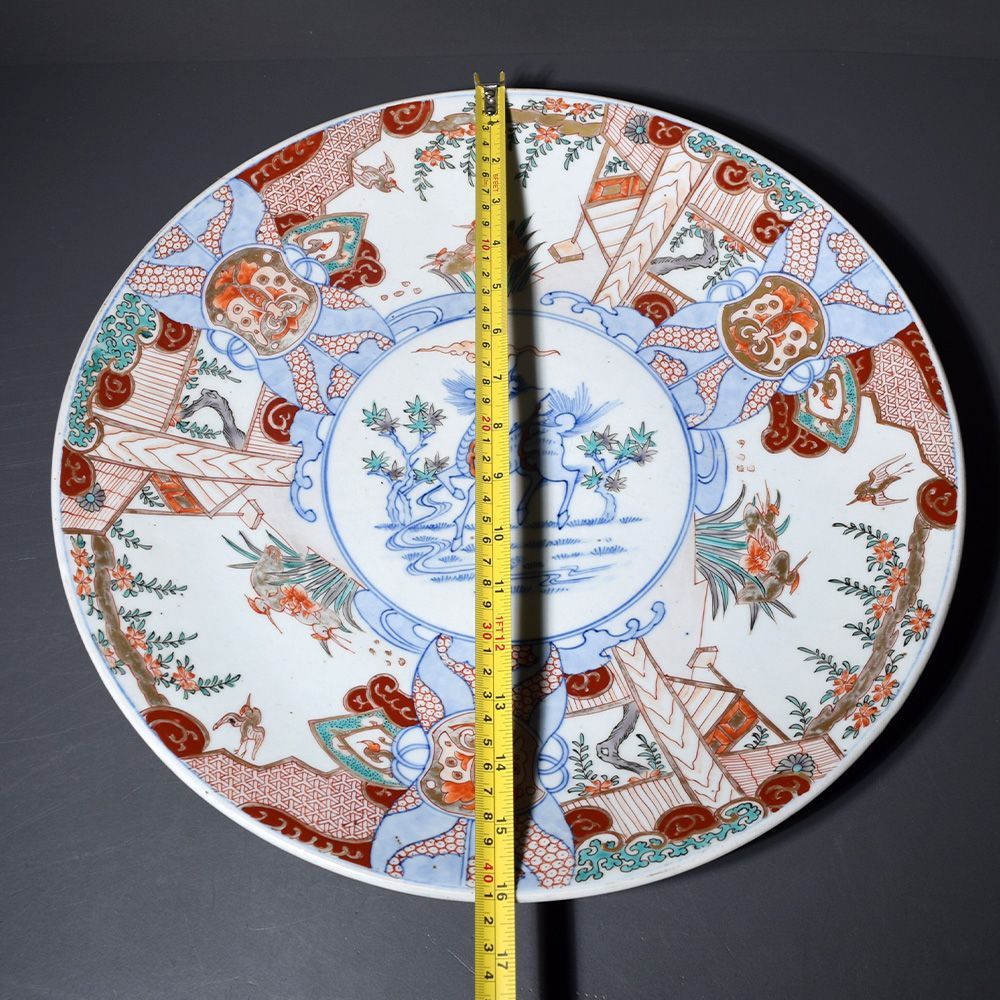 明治時代 伊万里 色絵金彩麒麟図大皿 大皿 飾り皿 共箱 骨董 古美術 古