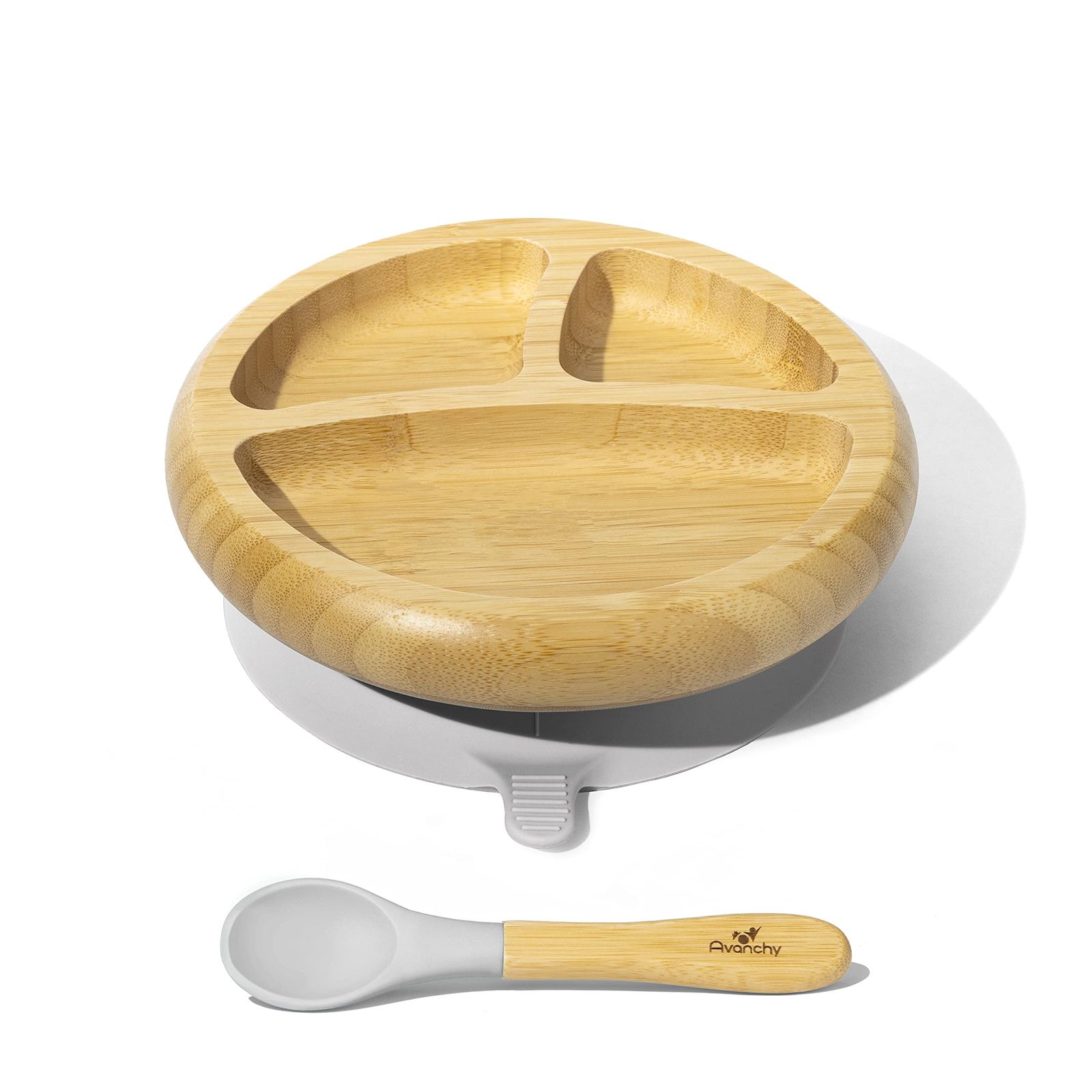 新品 Avanchy Smart Start アヴァンシー ひっくり返らない 竹食器 出産祝い・ギフト プレート 吸盤・スプーン付き グレー AV011