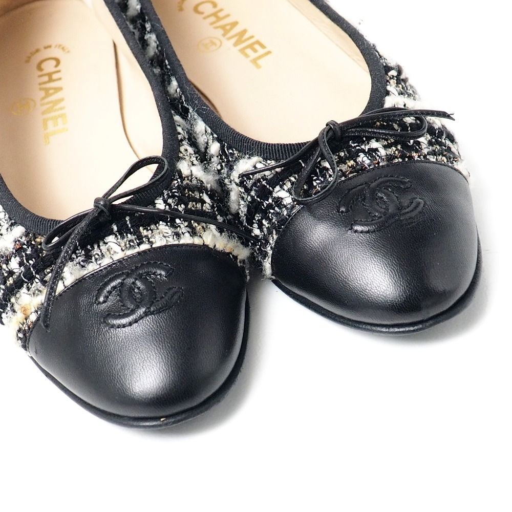 CHANEL シャネル バレエシューズ サイズ38.5C CCロゴ リボン ツイード