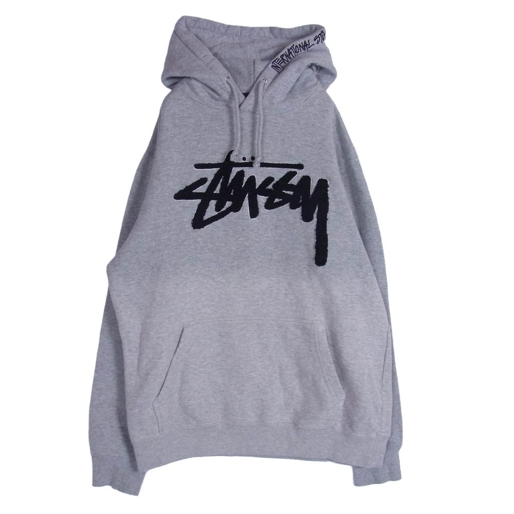 STUSSY ステューシー ボア ストック ロゴ ワッペン フーディー プルオーバー スウェット パーカー グレー系 M【中古】 STUSSY ステューシー ボア ストック ロゴ ワッペン フーディー プル