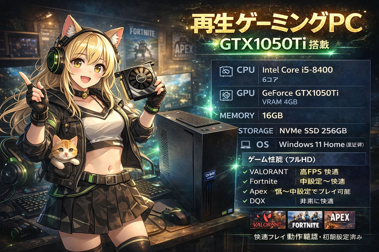 GTX1050Ti搭載 ゲーミングPC i5-8400/16GB/SSD Fortnite Apex対応 