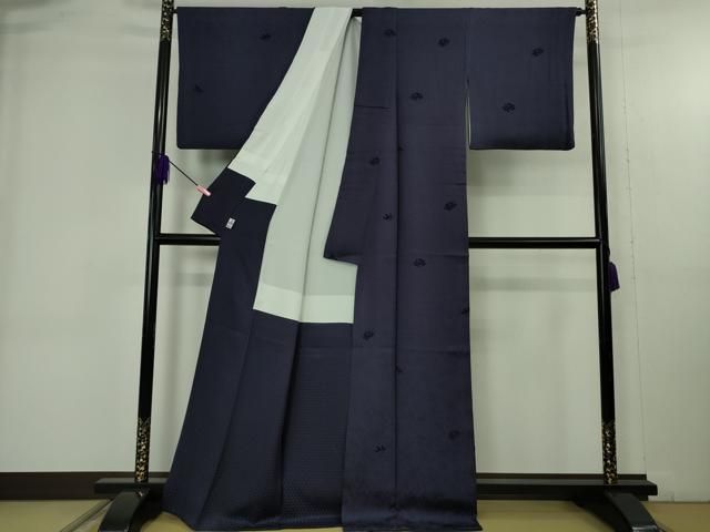 平和屋着物○極上 お召 天鵞絨 ビロード 鳳凰桐唐草 色無地 鉄紺色