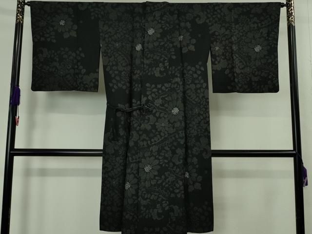 平和屋着物∞極上　道中着　スリーシーズン　春夏秋　塵除け　ロング丈　紗　草花文　黒地　銀彩　逸品　DZAB4867kh6