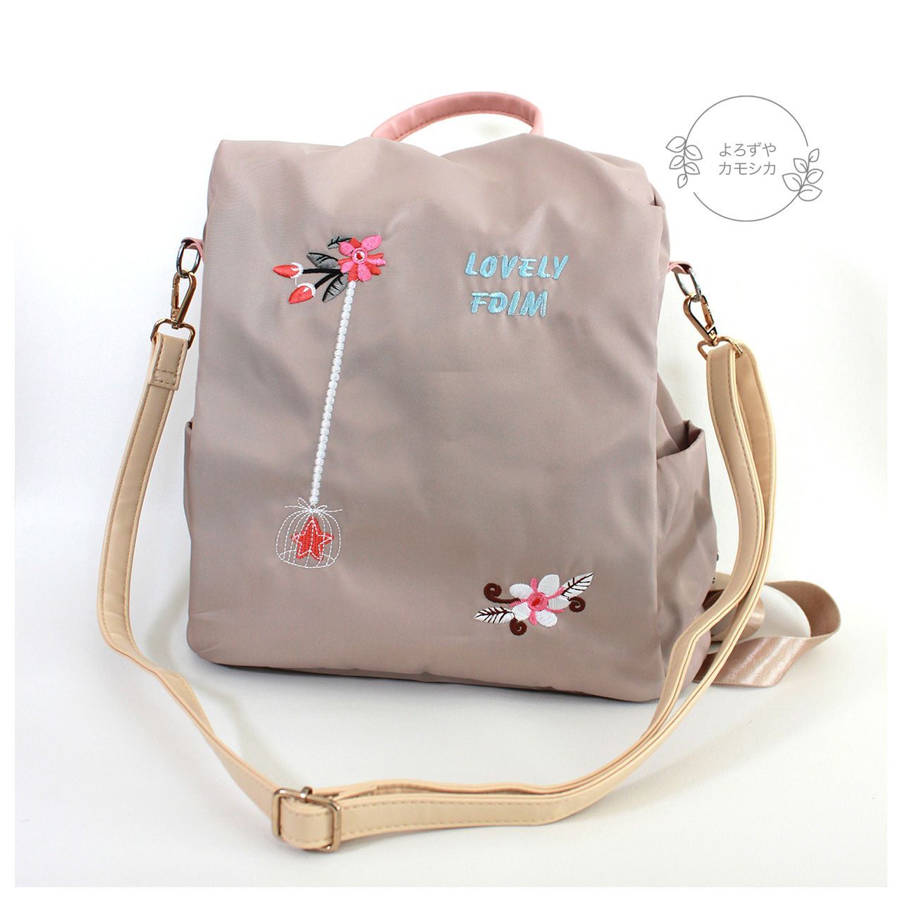 中古品 リュック ショルダーバッグ 化繊 軽量 花柄 刺繍 デザイン 2WAY 