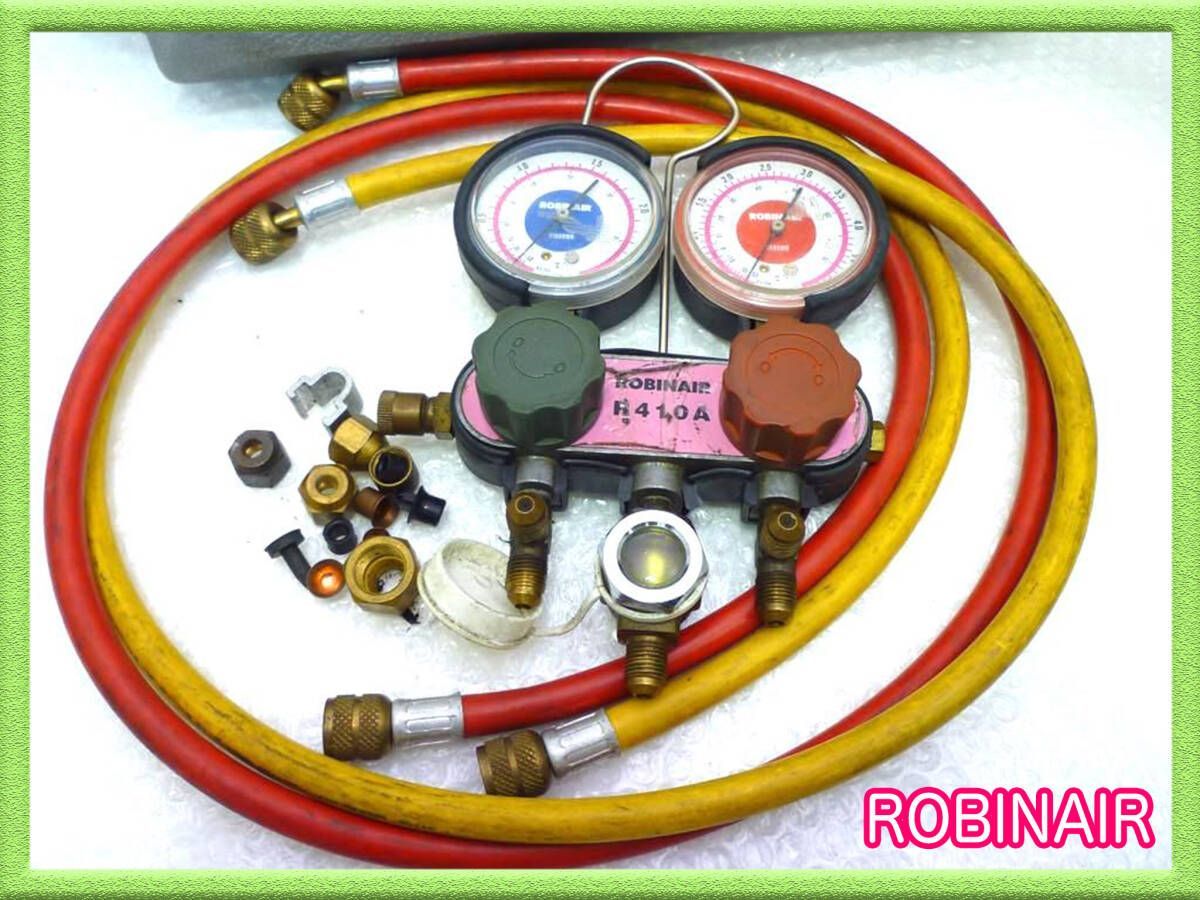 Robinair R410A マニホールド ゲージセット 圧力計 圧力/温度チャート 高精度圧力計 連成計 ホース ケース 測量 工具 付属品 お得 必見①