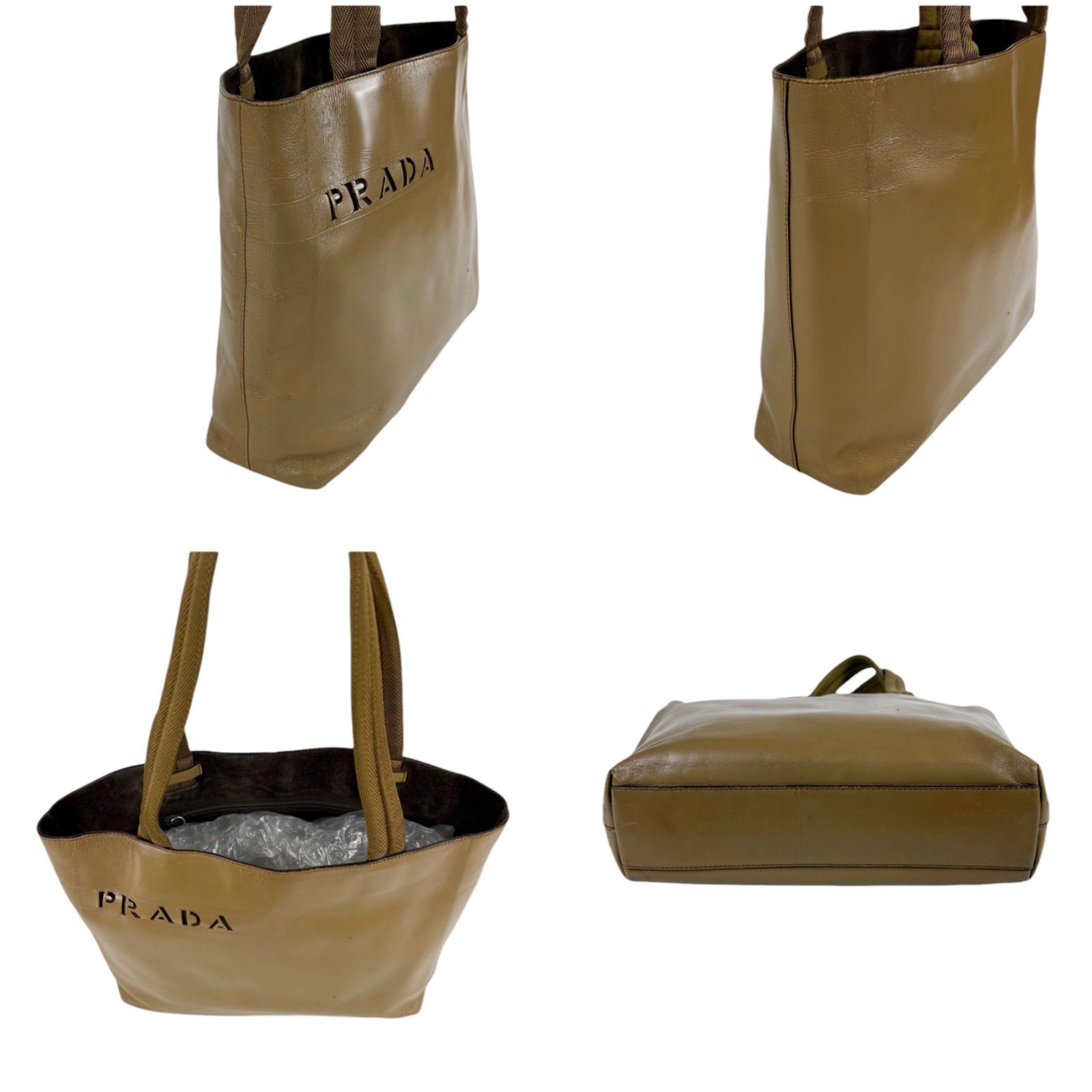 プラダ PRADA パンチングレザー ミニトートバッグ ロゴ キャメル 