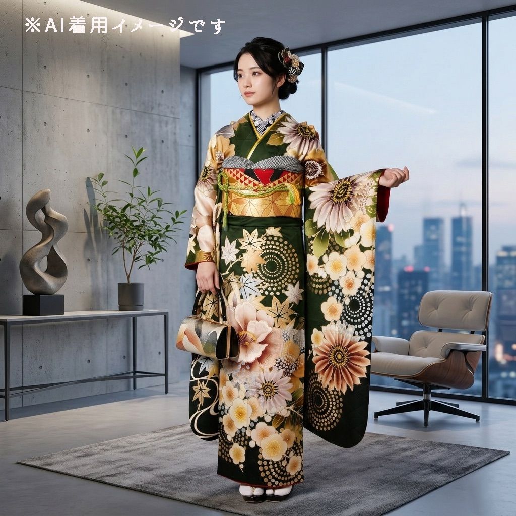 振袖フルセット 振袖セット 振袖 LLサイズ 中古 深緑×モダン レトロ 菊