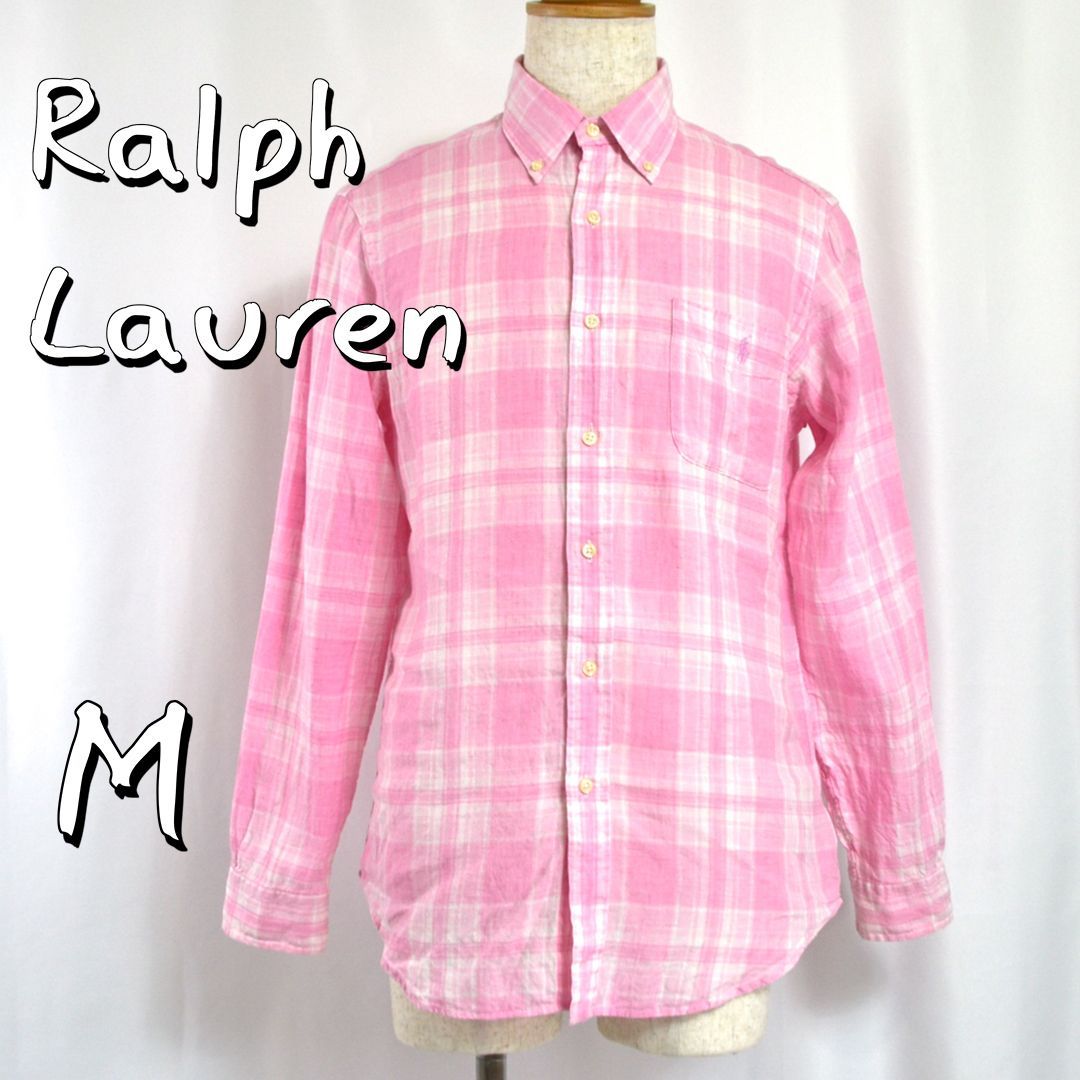 【美品】ラルフローレン クラシックフィットリネンシャツ ピンク ポニー刺繍 美品】Ralph Laurenラルフローレン 近年モデル 胸ポニー刺繍 麻100