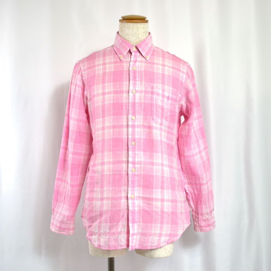 美品 ラルフローレン リネンシャツ 近年モデル チェック ポニー刺繍 L相当 美品】Ralph Laurenラルフローレン 近年モデル 胸ポニー刺繍 麻100