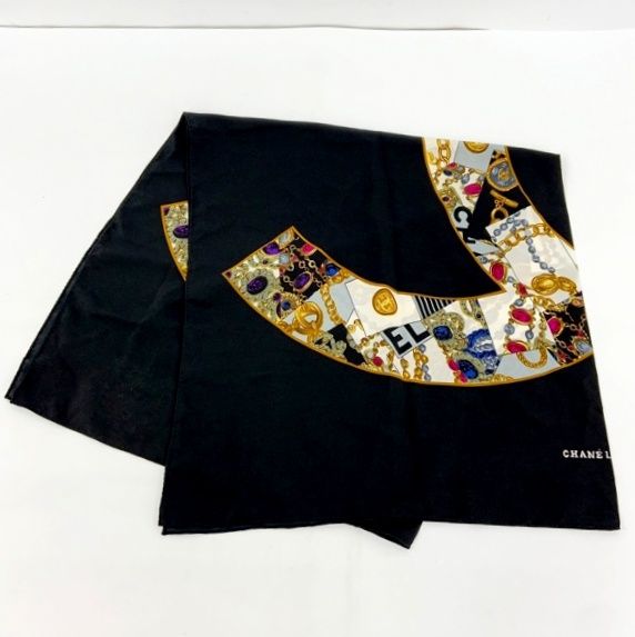 フランス製 シャネル CHANEL ロゴ総柄 シルクスカーフ レトロ