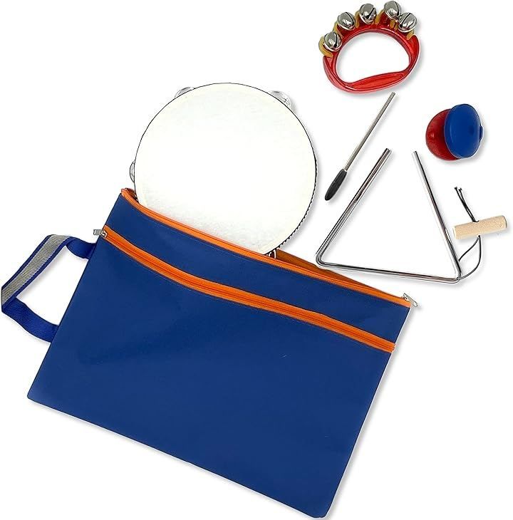 Flatland Musical Instrument Set Tambourine Bell Triangle Castanets for Kids Elementary School Percussion Instruments with Storage Bag (Set of 4)