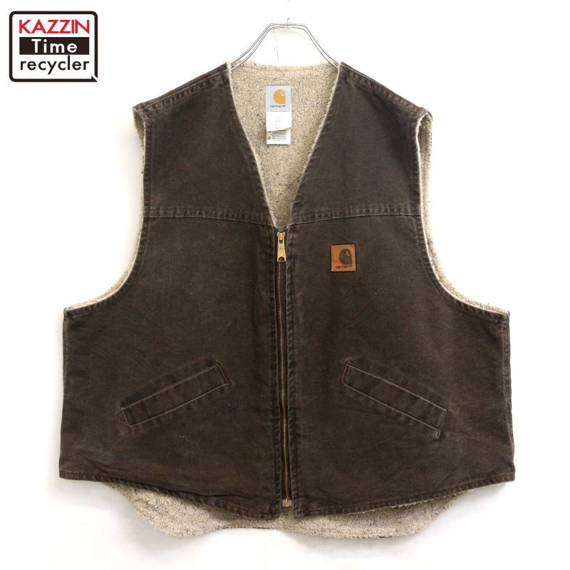 00s USA製 Carhartt 裏地ボア ジップアップ ダック ベスト メンズ 表記