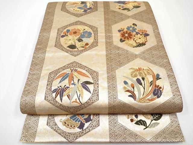 509my12◆志ま亀 唐織 袋帯 六通 花菱 金糸◆美品 平和屋着物◎西陣 志都香謹製 六通柄袋帯 唐織 綴れ 亀甲花蝶文 金糸