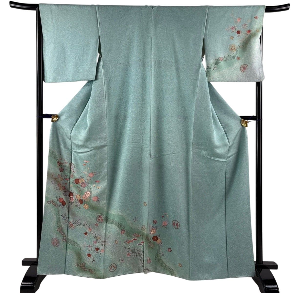 付下げ 身丈165cm 裄丈65.5cm 正絹 美品 秀品 【中古】 付下げ 身丈165.5cm 裄丈65cm M 袷 菊 梅 刺繍 金糸 薄緑 正絹 秀品