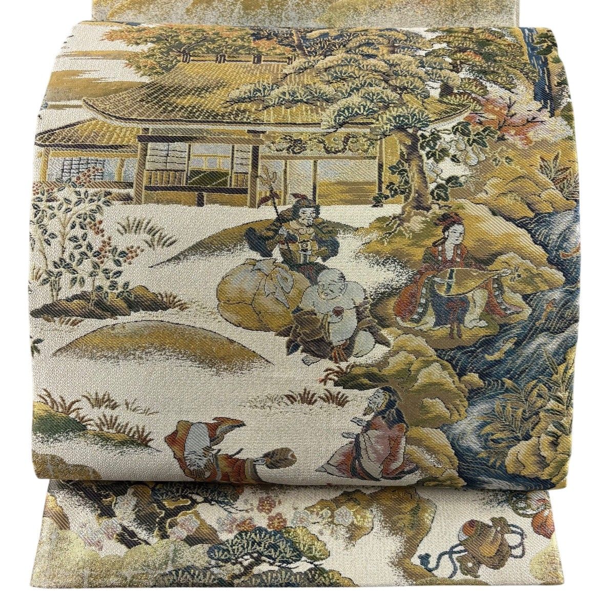 【美品】 丸帯 逸品 七福神 風景 金糸 箔 薄黄土色 お太鼓柄 正絹 【中古】