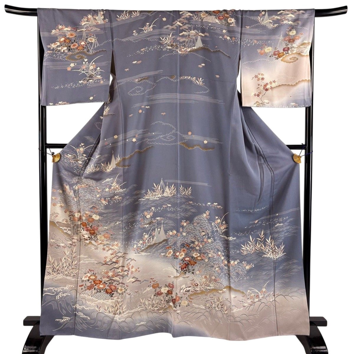 訪問着 身丈166.5cm 裄丈67cm 正絹 美品 秀品 【中古】 訪問着 身丈166cm 裄丈67.5cm L 袷 菊 松 金糸 金彩 灰紫