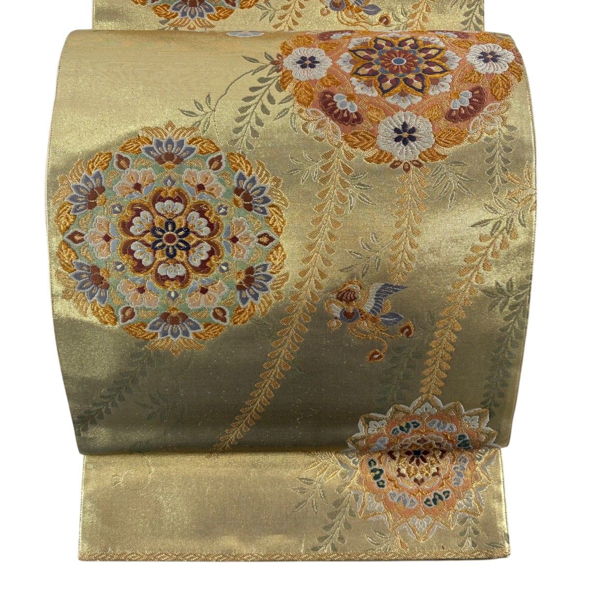 袋帯 美品 名品 向かい鳥 葡萄唐草 金糸 箔 金色 六通 正絹 【中古