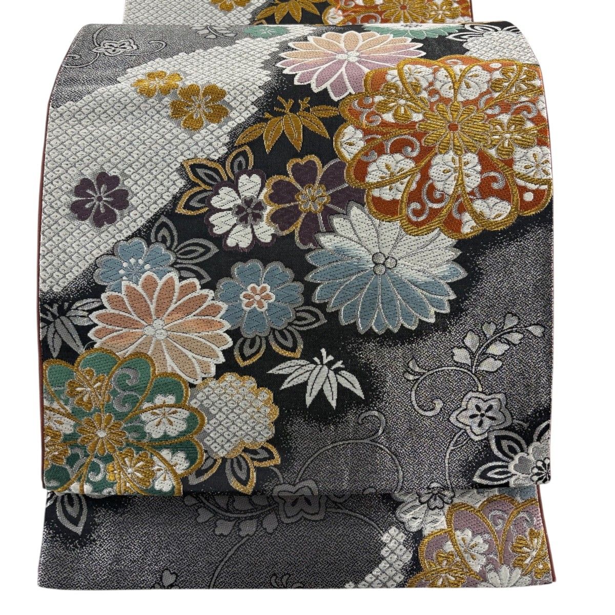 袋帯 秀品 花唐草 草花 金銀糸 刺繍 黒 六通 正絹 【中古 袋帯 秀品 花唐草 草花 金銀糸 刺繍 黒 六通 正絹 【中古