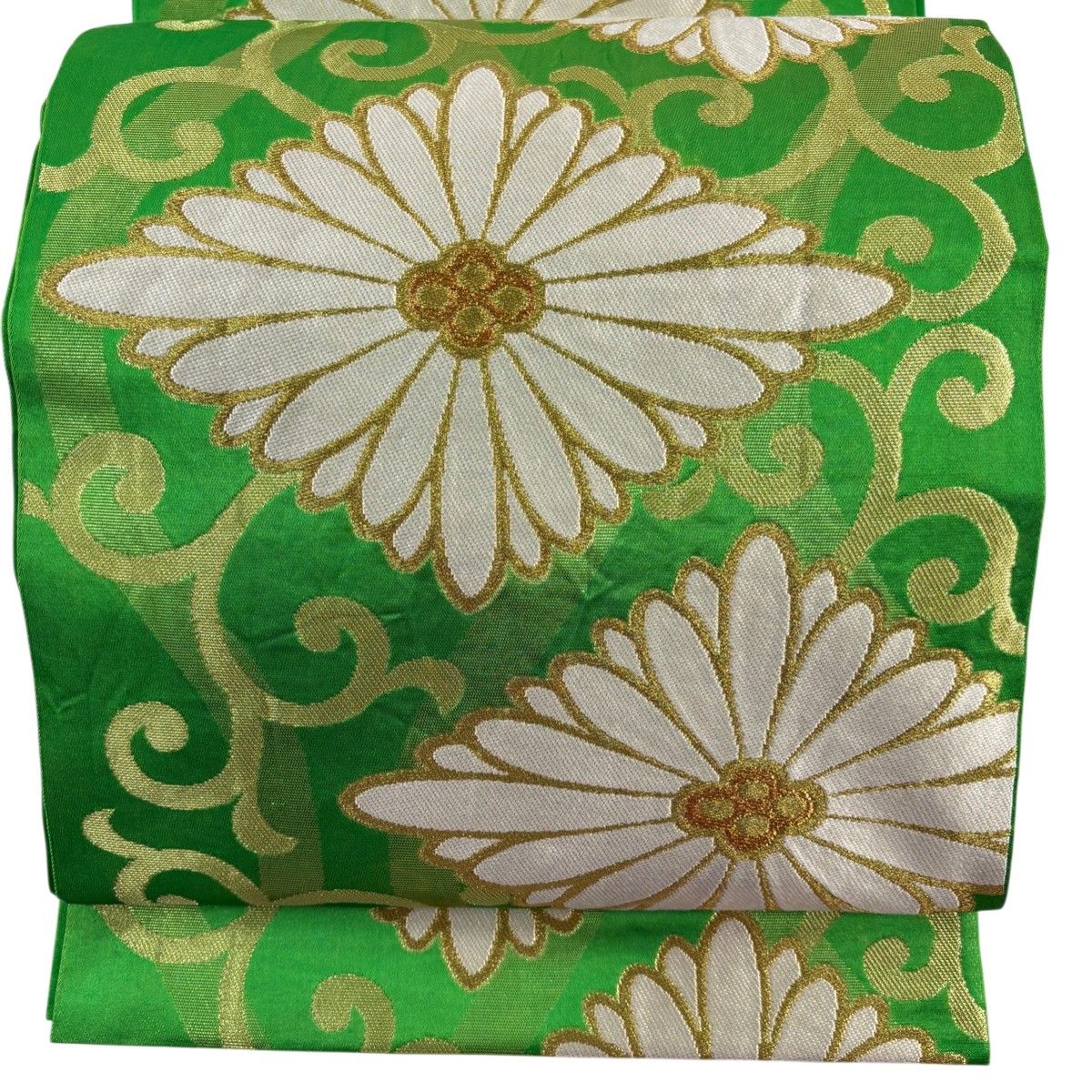 逸品□正絹□白唐織□菊花菱古典吉祥文様袋帯□薄緑ピンクグレー 