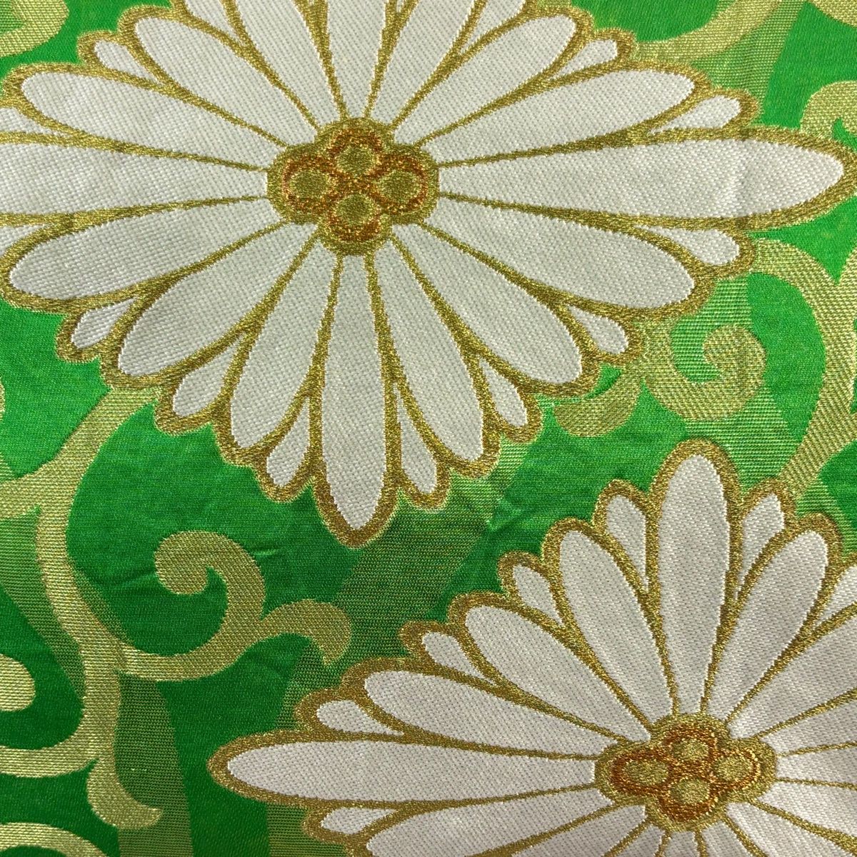 袋帯 秀品 川島織物 落款 菊菱 唐草 金糸 箔 緑 六通 正絹 袋帯 秀品 川島織物 落款 菊菱 唐草 金糸 箔 緑 六通 正絹