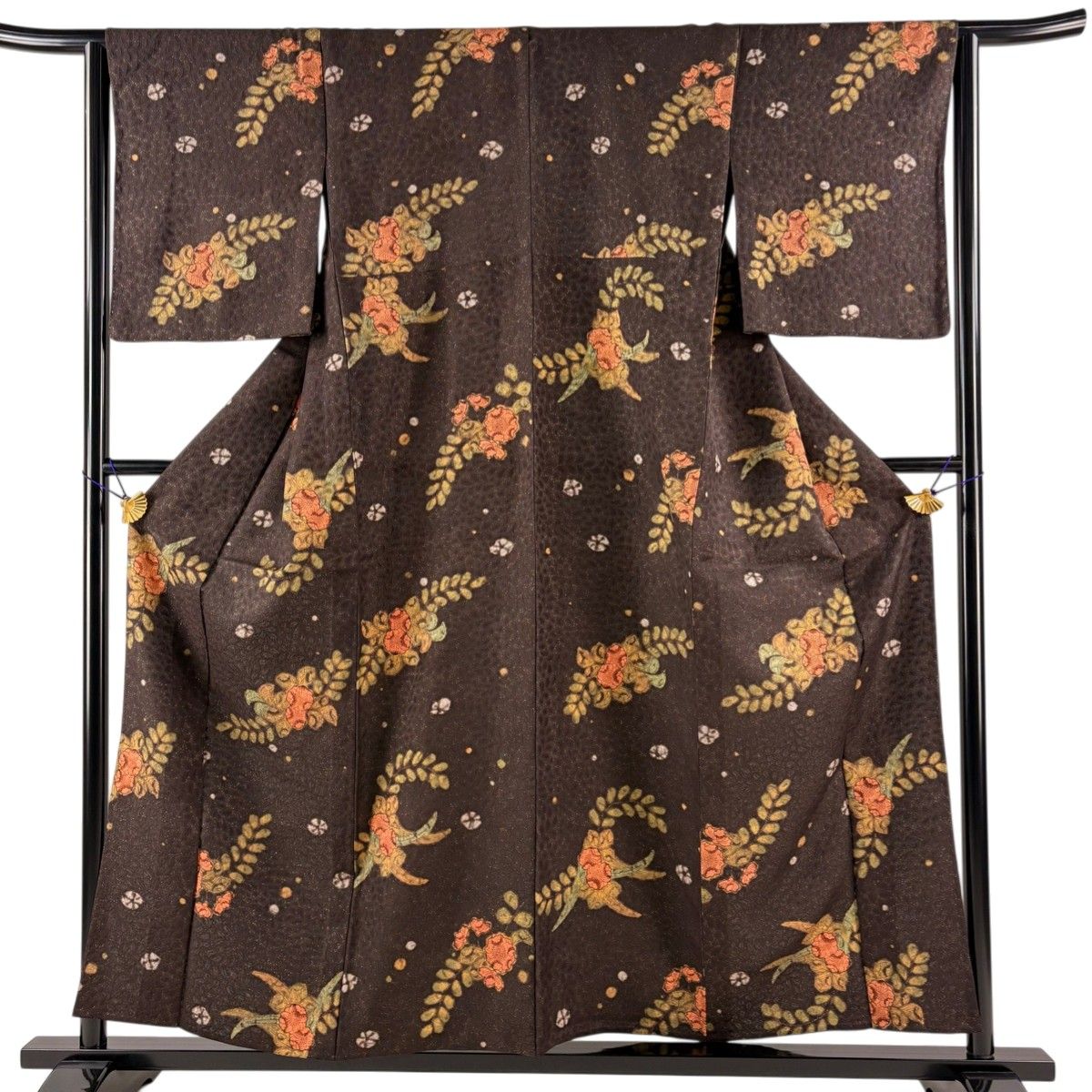 訪問着 身丈157.5cm 裄丈64.5cm M 袷 菊 松 金彩 茶色 正絹
