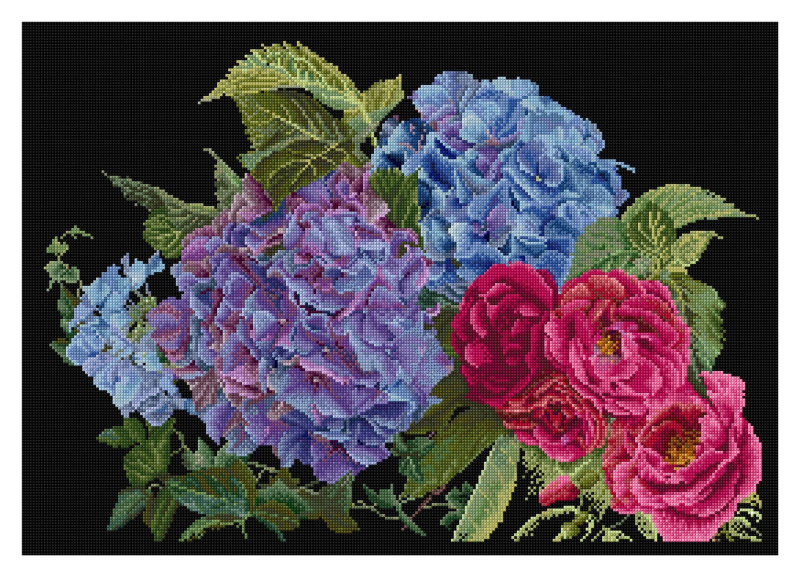 新品 テア・グーベルヌール クロス・ステッチｷｯﾄ Hydrangea & Rose 黒のｱｲｰﾀﾞ18カウント 大人向け 442.05