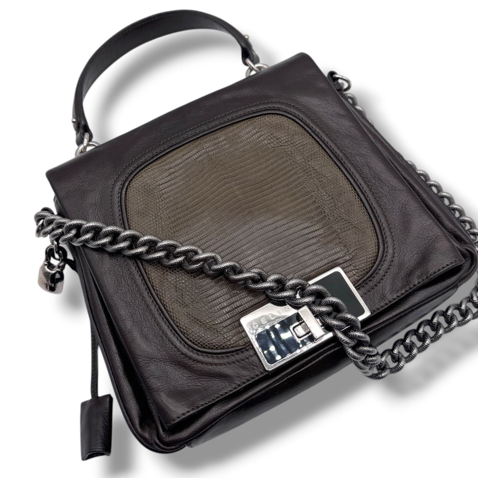 希少 CELINE セリーヌ 2way リザードエンボス チェーン ハンドバッグ 