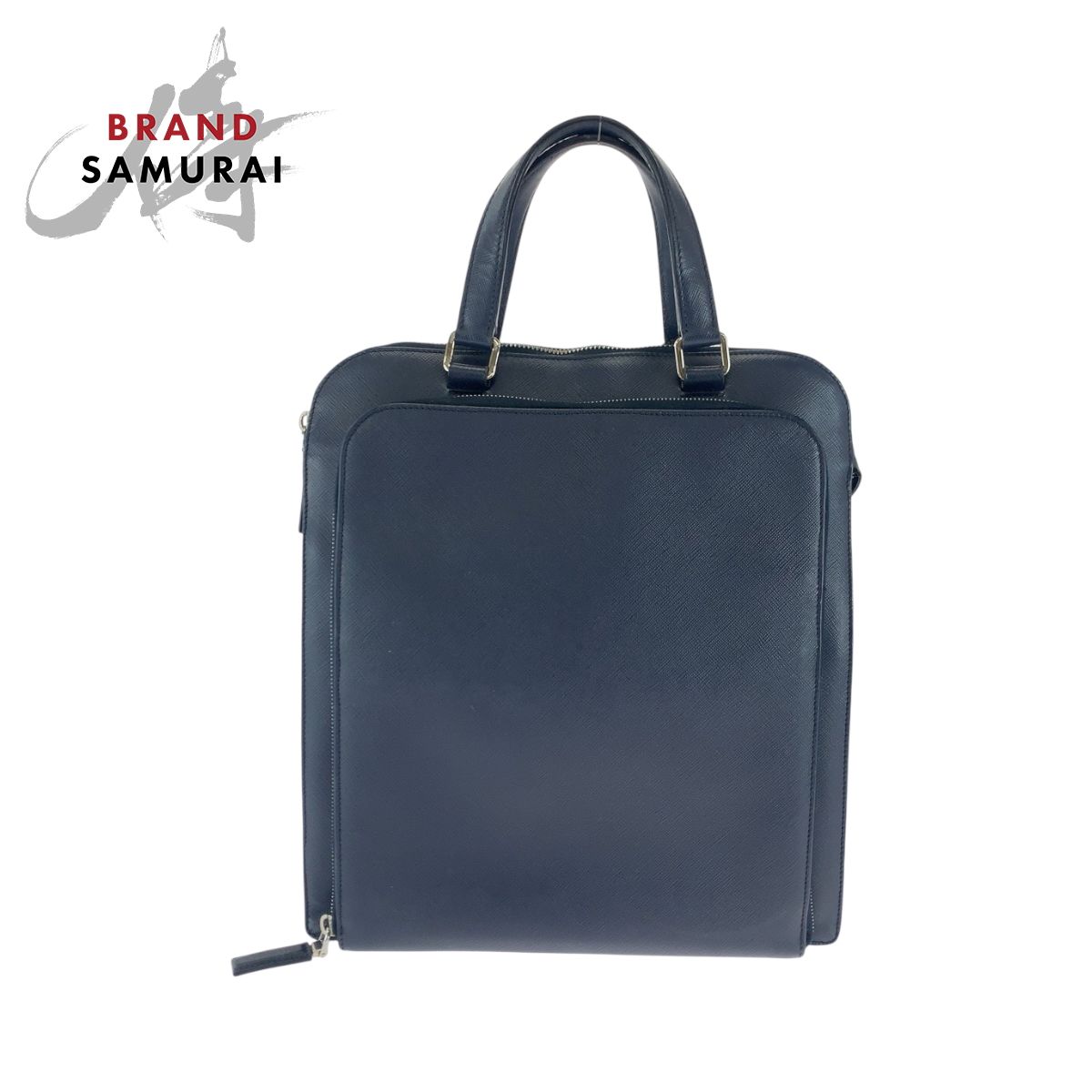美品 PRADA プラダ サフィアーノ 三角ロゴプレート ネイビー レザー 