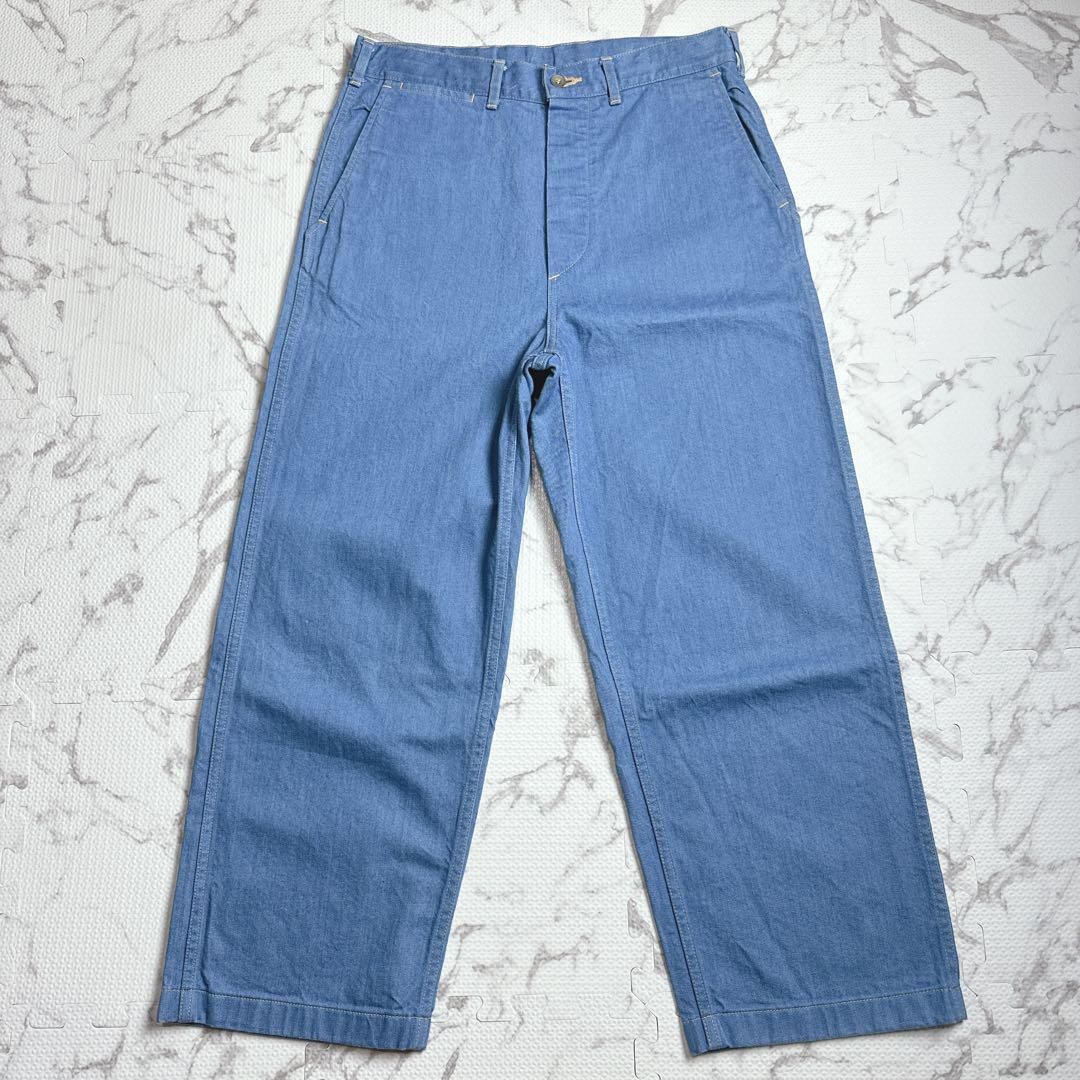 【極美品】HATSKI ハツキ HTK-22013 デニム イージートラウザー ワイドパンツ サイズ0 S ウエスト80cm 男女兼用 ユニセックス ライトブルー 日本製 ゆったりB0239