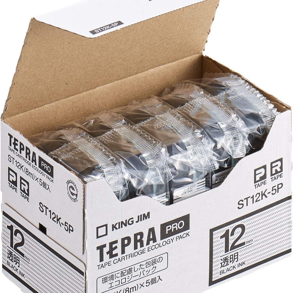 新品 キングジム 【純正】 テプラPROテープカートリッジ エコパック5個入 12mm 透明ラベル/黒文字 長さ8m ST12K-5P