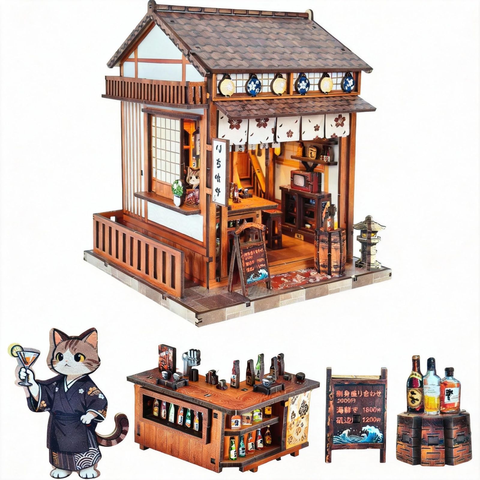 新品 Pixie Curio 和風桜季限定 ドールハウス キット ミニチュアハウス DIY ジオラマ キット 3Dパズル 桜シリーズ 和風居酒屋 猫侍酒師付き カラー説明書あり 初心者・大人向け プレゼント・インテリア （桜簾木酒屋）