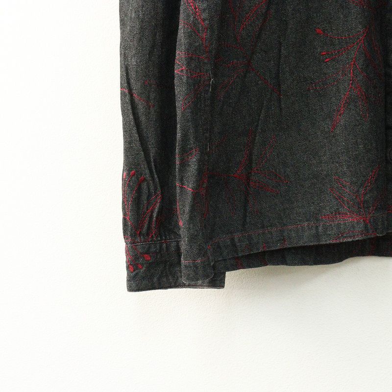 Archive 2012AW プランテーション Plantation 植物刺繍 ブラックデニムシャツ M 黒┃赤ステッチ トップス ブラウス【2400014882247】 Archive 2012AW プランテーション Plantation 植物刺繍 ブラックデニム